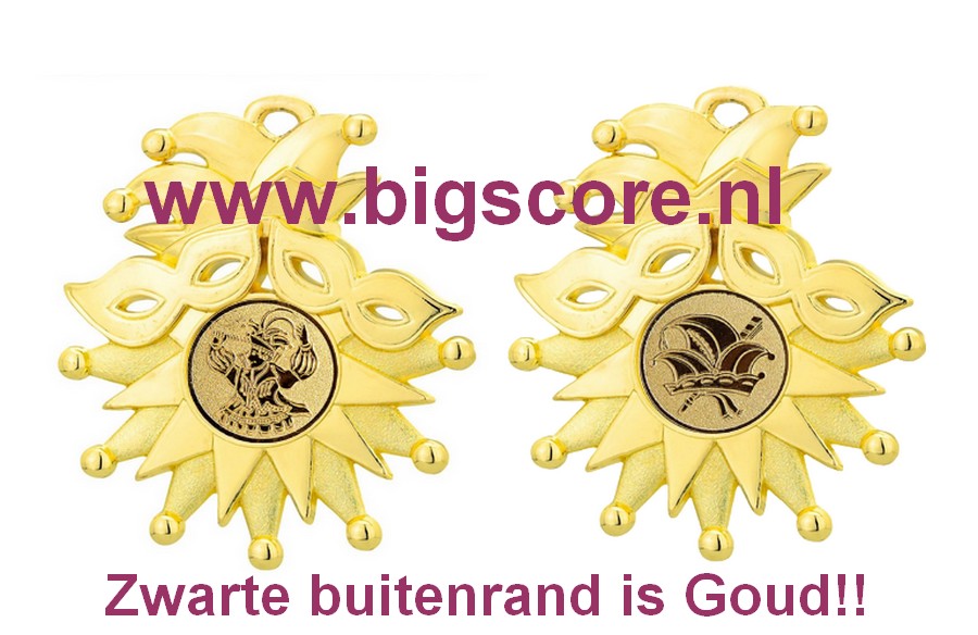 D56.01 Carnaval medaille masker goud afmeting 85x72 mm OP=OP!!